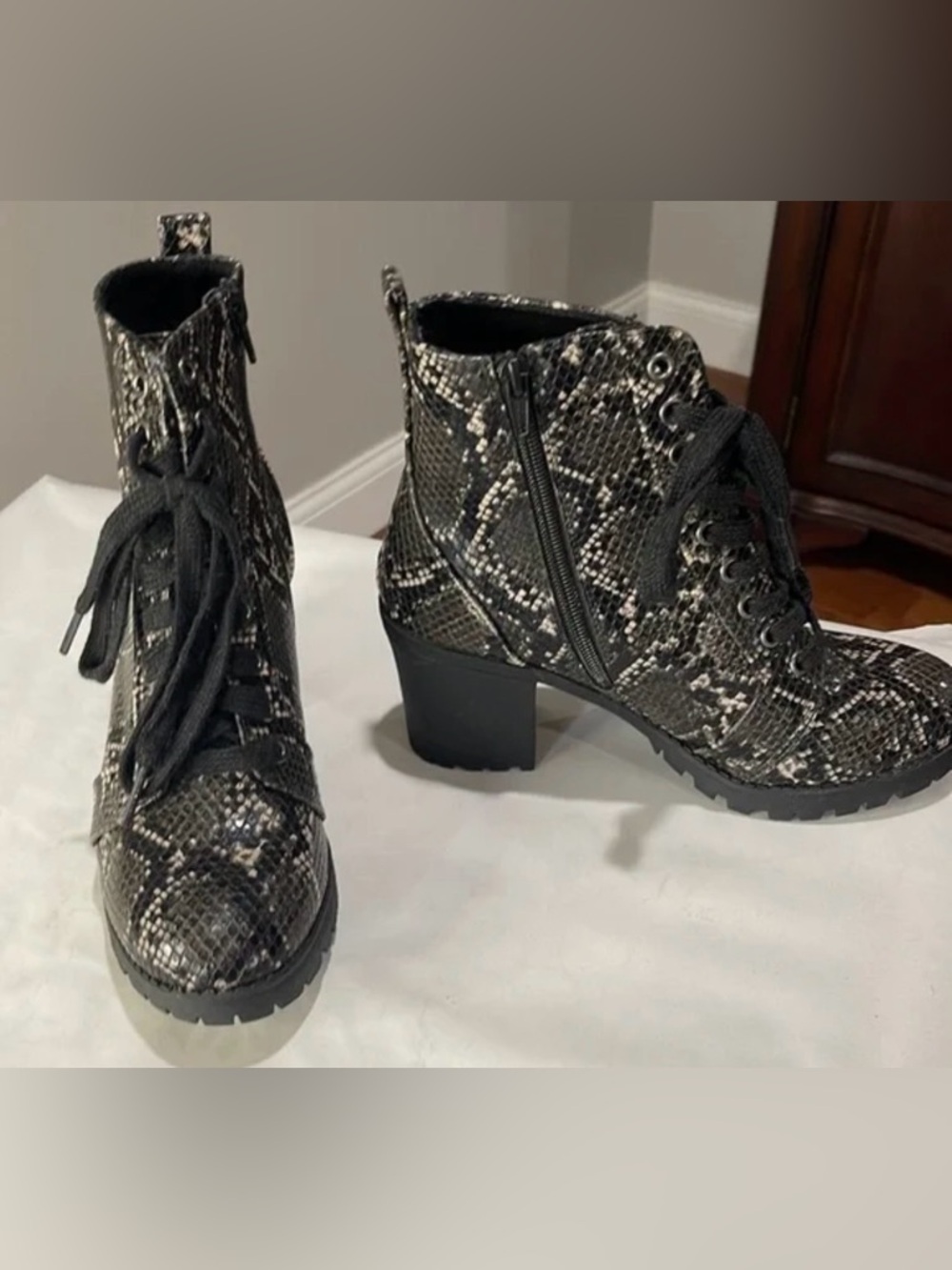 Time and Tru Black Snake-Print Lace-Up Ankle Boots